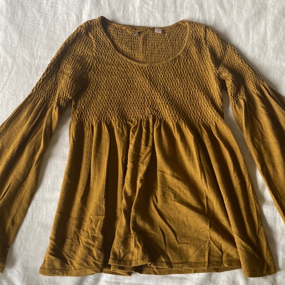 Anthropologie Smocked Top Gold Sweater, size small
